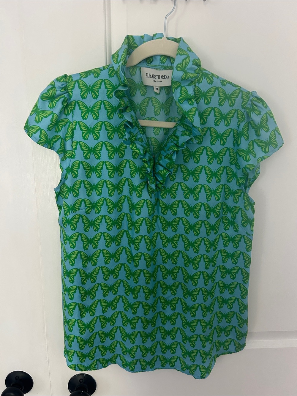 Elizabeth McKay Green Butterfly Print Cap-Sleeve Silk Top, Medium